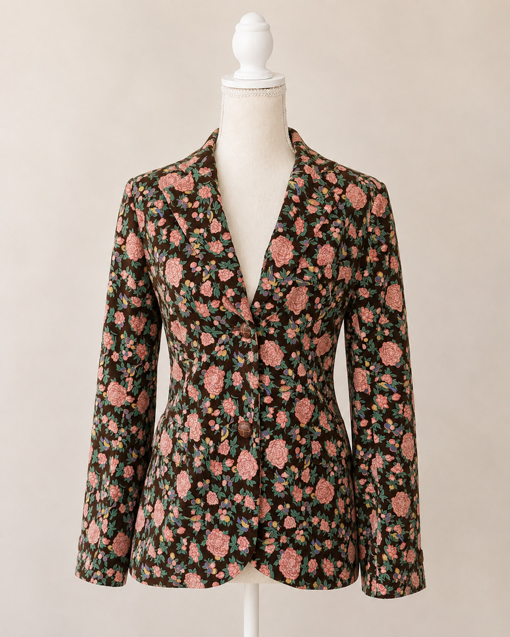 Madchen Women's Floral Blazer Pink Rose Print Fitted Button Front Size Small
